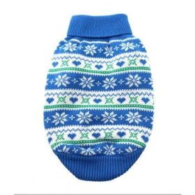 Dog Cable Knit 100% Cotton Sweater  Snowflakes and Hearts Blue