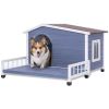 Large Wooden Dog House Indoor Outdoor with Terrace and Open Waterproof Asphalt Roof, Outdoor Dog House with Raised Floor, Windows and Door Curtains