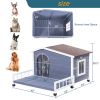 Large Wooden Dog House Indoor Outdoor with Terrace and Open Waterproof Asphalt Roof, Outdoor Dog House with Raised Floor, Windows and Door Curtains