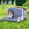 Large Wooden Dog House Indoor Outdoor with Terrace and Open Waterproof Asphalt Roof, Outdoor Dog House with Raised Floor, Windows and Door Curtains