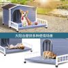 Large Wooden Dog House Indoor Outdoor with Terrace and Open Waterproof Asphalt Roof, Outdoor Dog House with Raised Floor, Windows and Door Curtains
