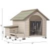 Outdoor fir wood dog house with an open roof ideal for small to medium dogs. With storage box
