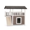 2-Tier Outdoor Wooden Dog House, Weatherproof Dog Hutch with A Large Balcony, Sisal Scratching Pad Ladder, Gift for Pets, Gray and White